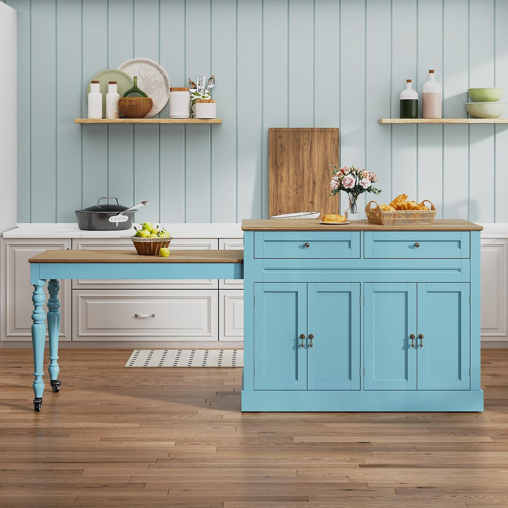 HLR 87.5" Kitchen Island with Extendable Table for 2-6, Rolling Islands Cart with 4 Doors, Mobile Kitchen Island with Storage Slide Out Legs and Power Outlet (Light Blue)