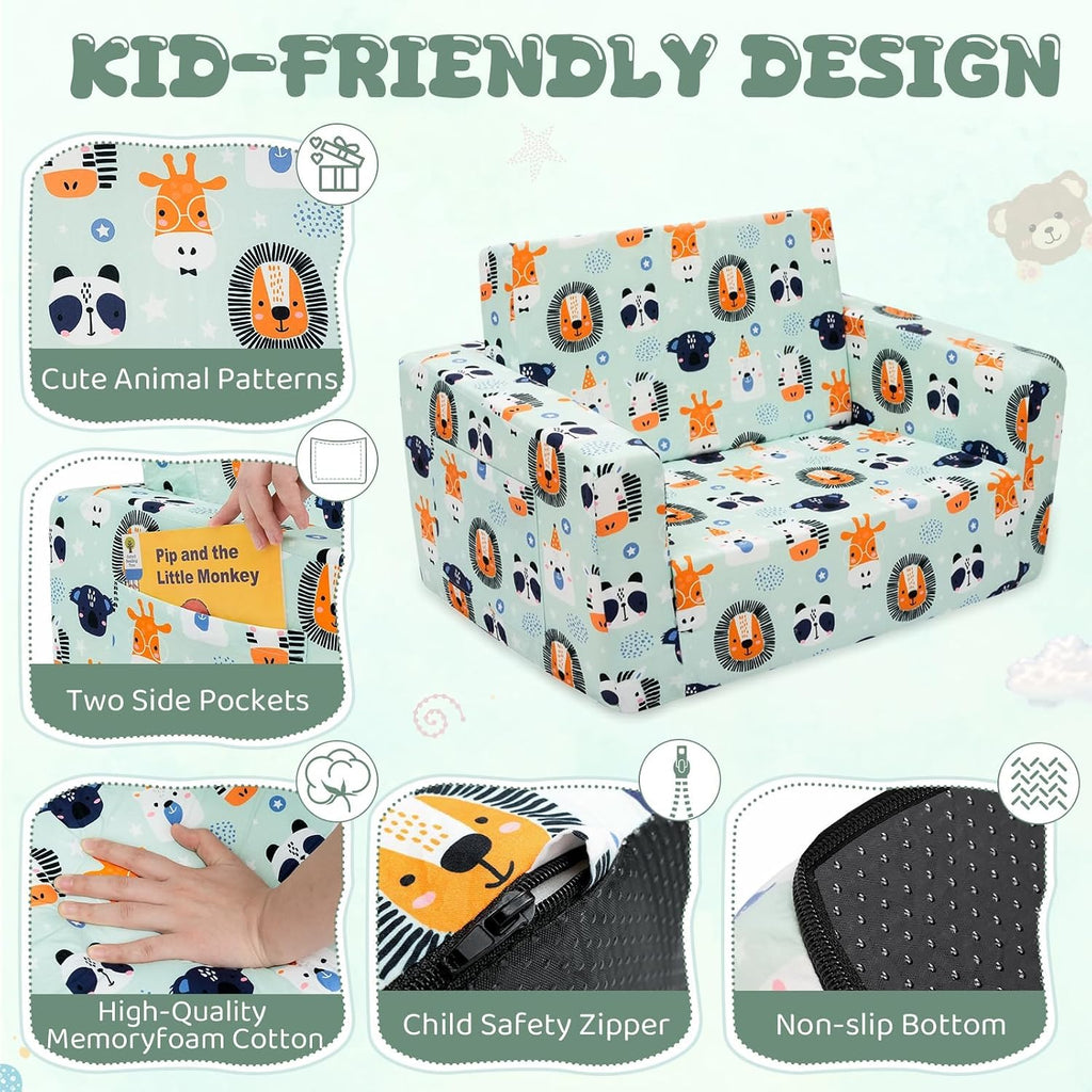Kids Sofa, Comfy 2-in-1 Toddler Couch Fold Out, Convertible Sofa to Toddler Lounge Chair for Boys and Girls (Animal, Green)