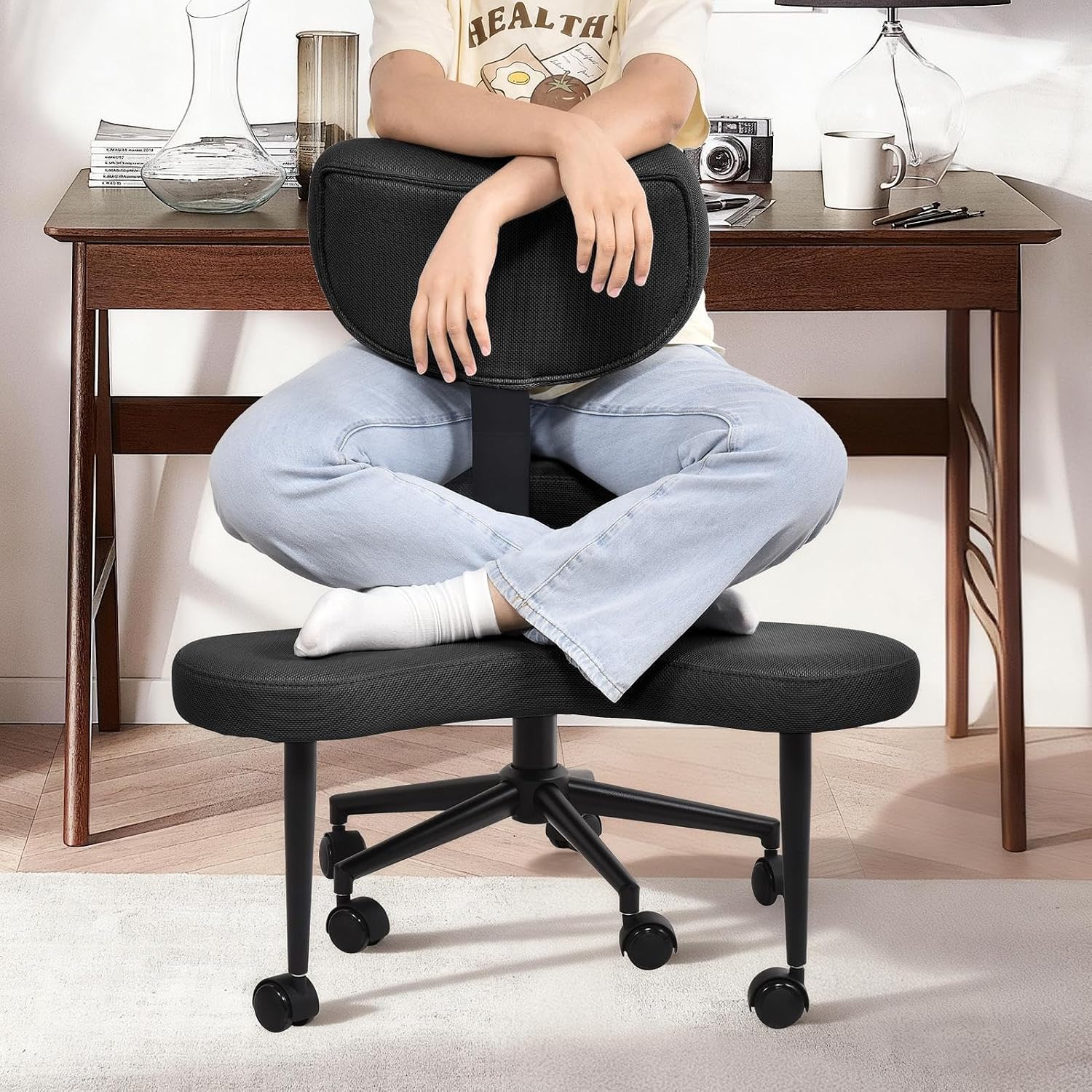 Ergonomic Cross Legged Chair, 360° Swivel Meditation Chair with Wheels for ADHD Desk & Yoga, Criss Cross Design with Strong Lumbar Support, Height-Adjustable Seat Mesh Style, Home Office - Black