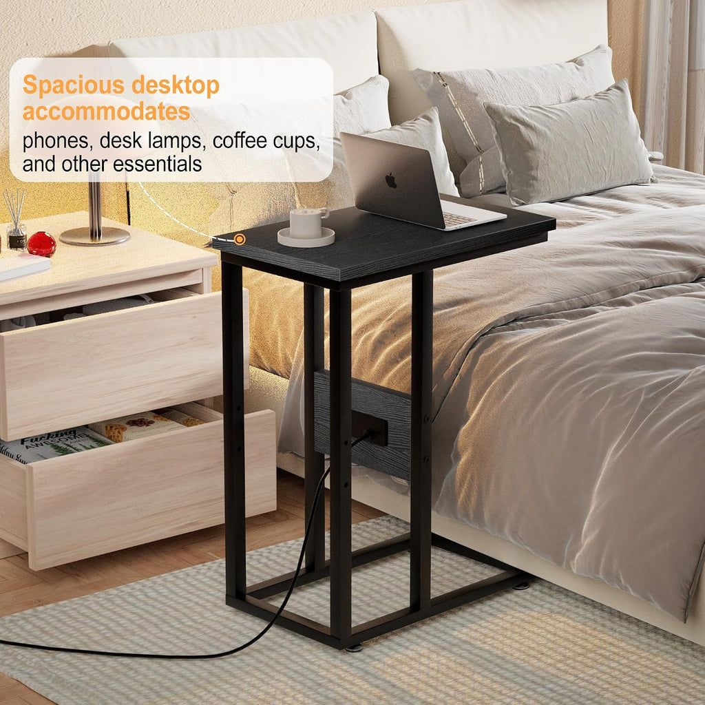 VECELO C Shaped End Table with Charging Station & Power Outlets, Quick Access Side Table for Sofa, C Bedside for Living Room Bedroom 1 Set,Black