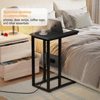 VECELO C Shaped End Table with Charging Station & Power Outlets, Quick Access Side Table for Sofa, C Bedside for Living Room Bedroom 1 Set,Black