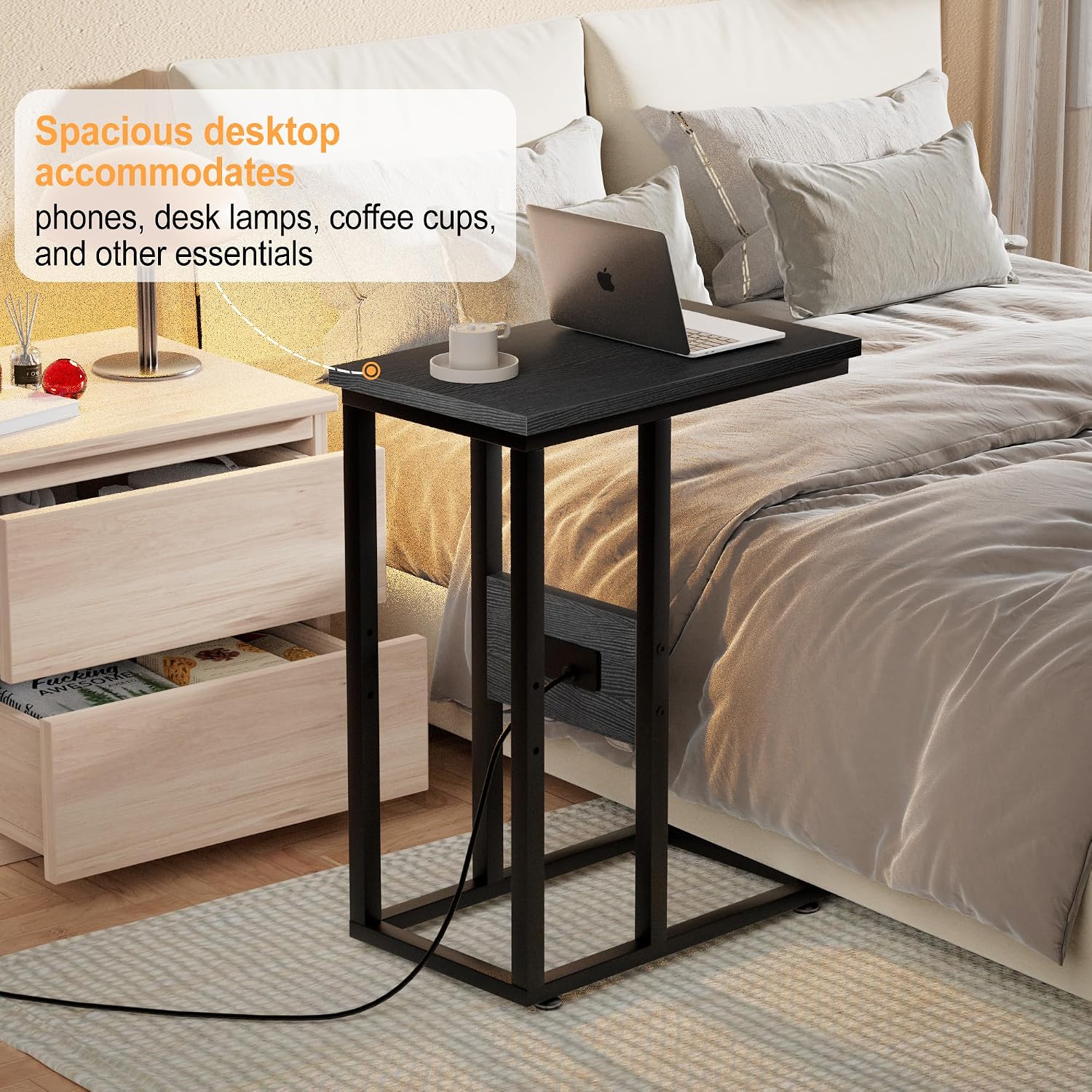 VECELO C Shaped End Table with Charging Station & Power Outlets, Quick Access Side Table for Sofa, C Bedside for Living Room Bedroom 1 Set,Black