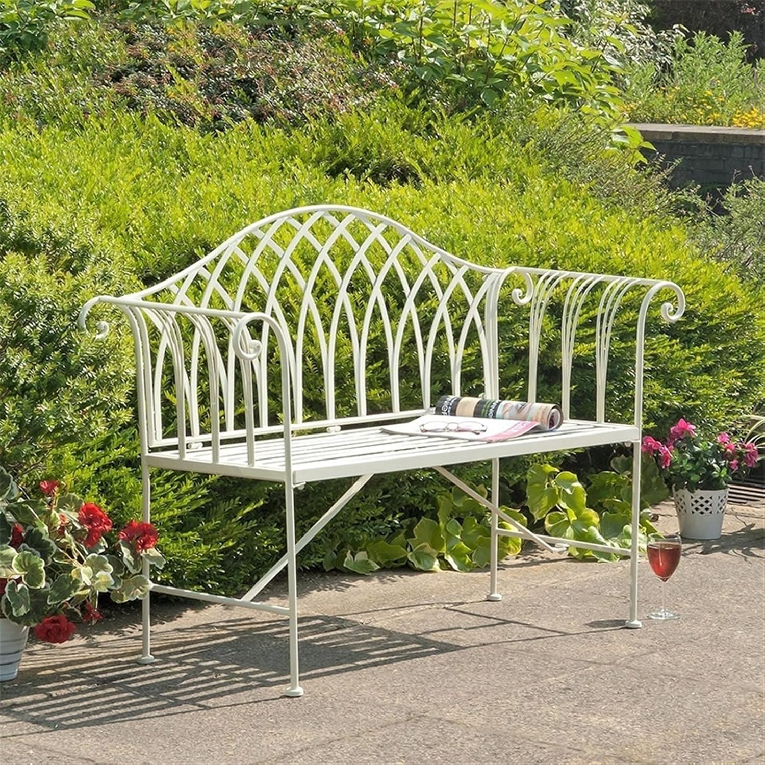 Garden Outdoor Bench with Backrest Armrest, Forged Iron 51.1-inch Outdoor Garden Bench, 2-Person Metal Bench Seat(White)