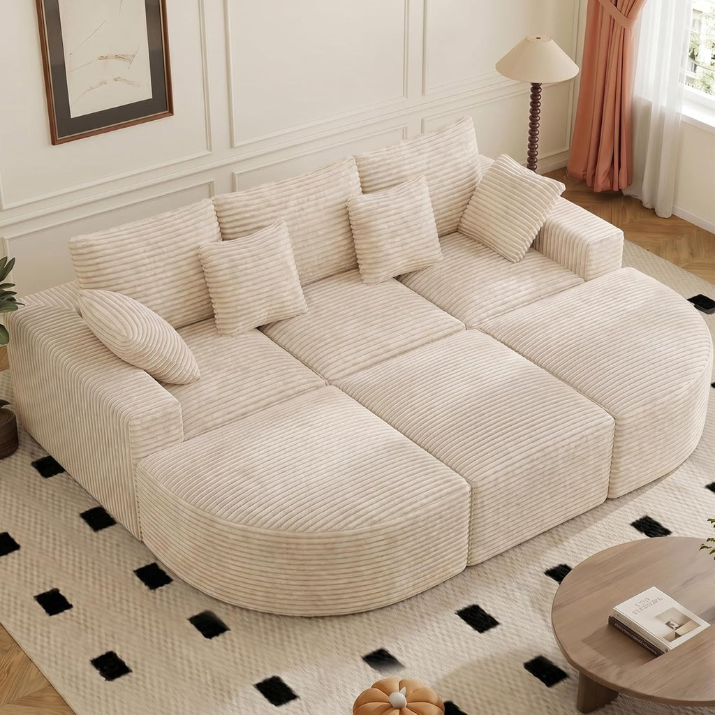 120" Oversized Round Sofa Bed, Modular Sectional Cloud Couches for Living Room, Convertible Corduroy Boneless Couch Sleeper Sofa Set, No Assembly Required, Khaki 1 PCS