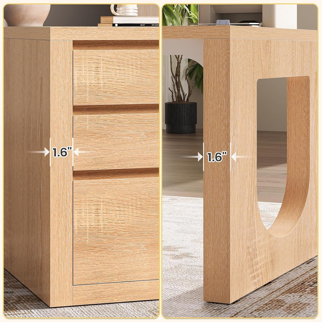 SEDETA 63" L Shaped Desk with 3 Drawers, Modern Executive Office Desk with File Drawer, Wood Corner Computer Desk with Relief Texture, Home Office Desk with Power Outlet, Natural