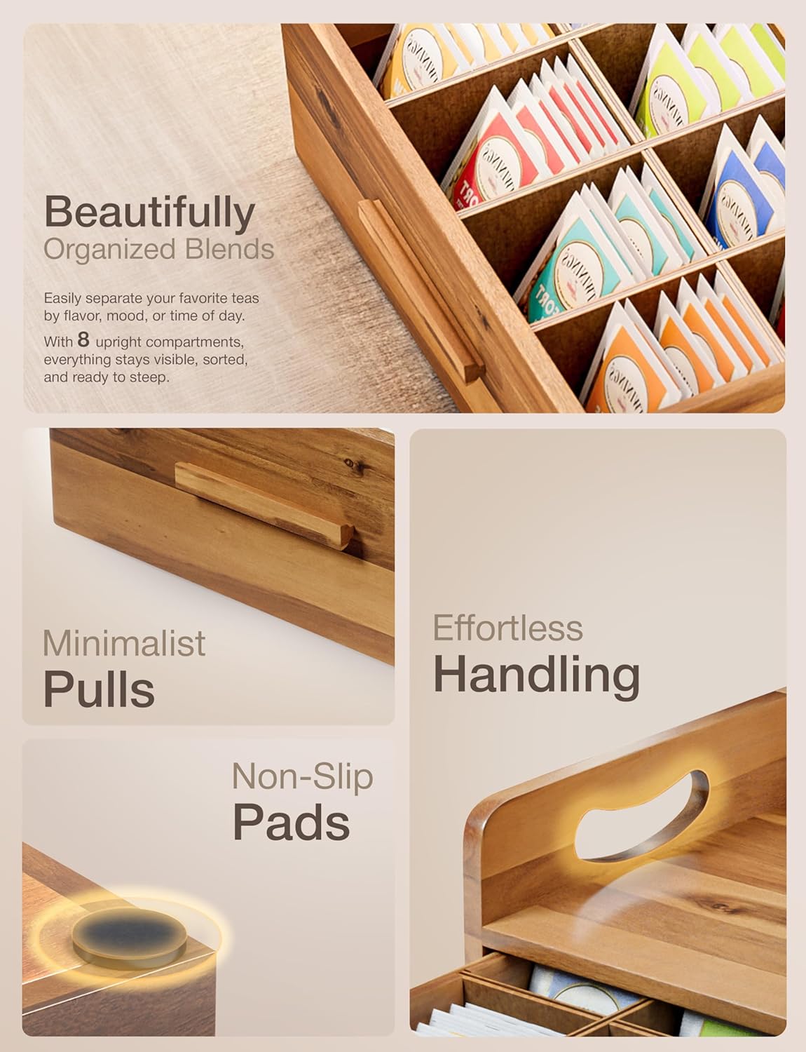 Tinamo Acacia Wooden Tea Box Organizer with Drawer – Tea Chest for Tea Bags Storage – Tea and Coffee Organizer - Wooden Tea Tray and Containers for Countertop Display (Acacia)
