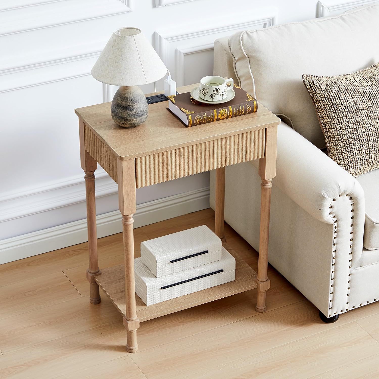 23.6” Large End Table with Charging Station,Modern Farmhouse Side Table with Drawer&Open Shelf, Fluted Wood Bedside Table Sofa Tables Night Stand for Bedroom Living Room Home Office,Natural