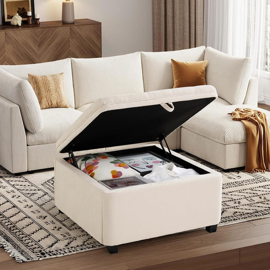 4-in-1 Storage Ottoman 30 Inch Large Hidden Storage Ottoman Foot Stool Square Ottoman Coffee Table with Soft-Close Hinge for Living Room (Ivory)