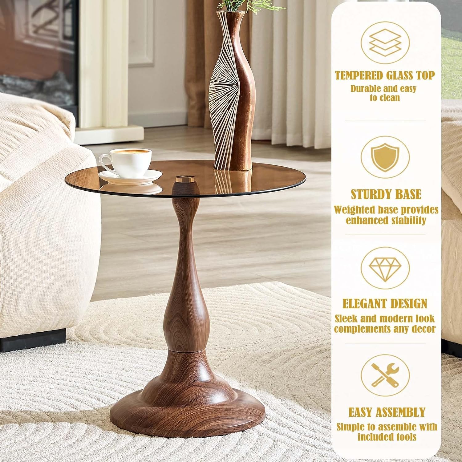Round Side Table,Round Coffee Table, Small End Tables with Round Metal Frame,Tempered Glass Side Table,19.6 Inch Vintage Accent Table for Sofa, Bedside, Living Room, Bedroom, Patio(Brown)