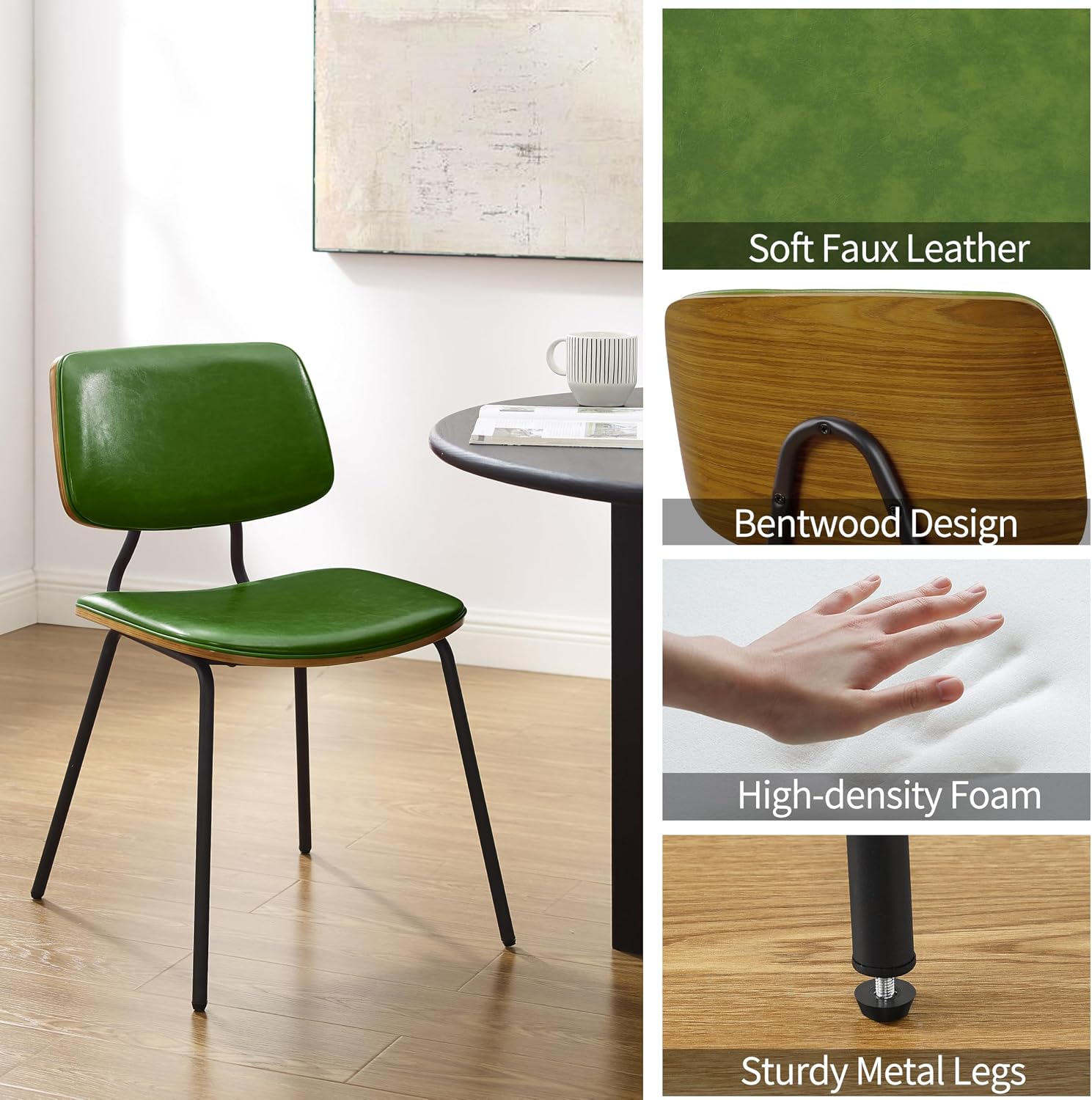 Art Leon Dining Chairs Set of 2- Mid Century Modern Faux Leather Dining Room Chairs with Bentwood, Armless Accent Chairs with Black Metal Legs for Kitchen Living Room, Green