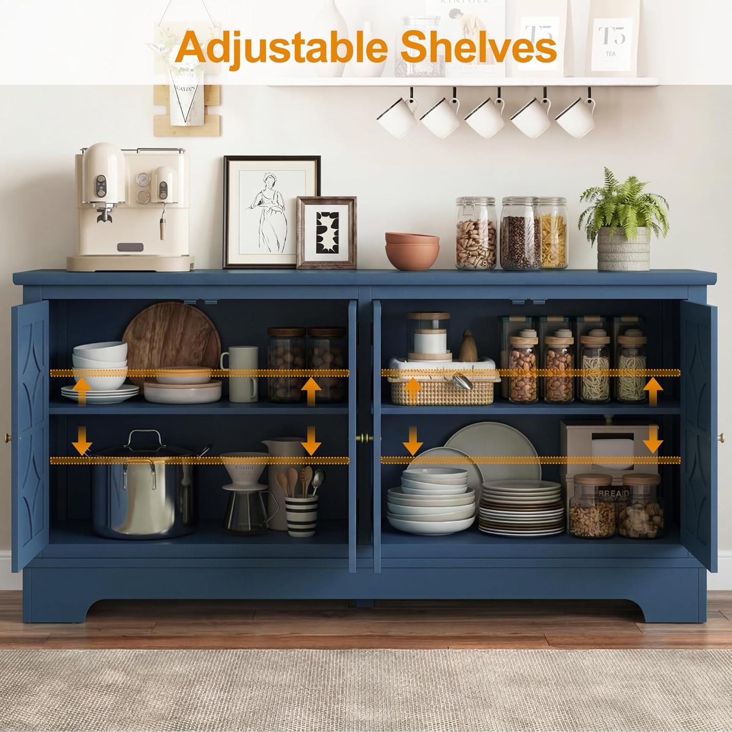 RoyalCraft Sideboard Buffet Cabinet with Storage, 56" Modern Sideboard with 4 Carved Doors, Large Wood Coffee Bar Console Table for Kitchen, Dining Room, Entryway, Living Room, Blue