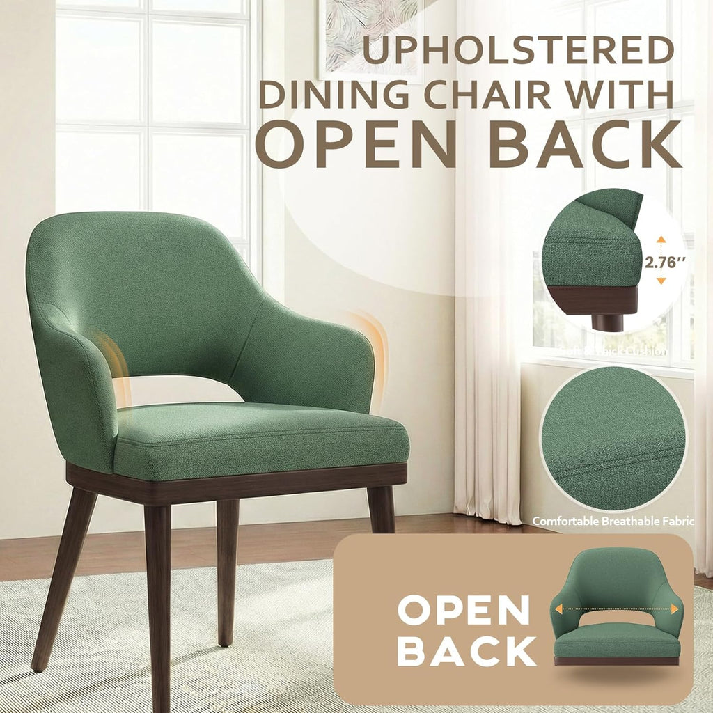 MALOL Wooden Dining Chairs Set of 2, Modern Fabric Upholstered Dining Room Chair, Kitchen Side Chairs, Farmhouse Dinner Chair with Open Back for Kitchen, Green