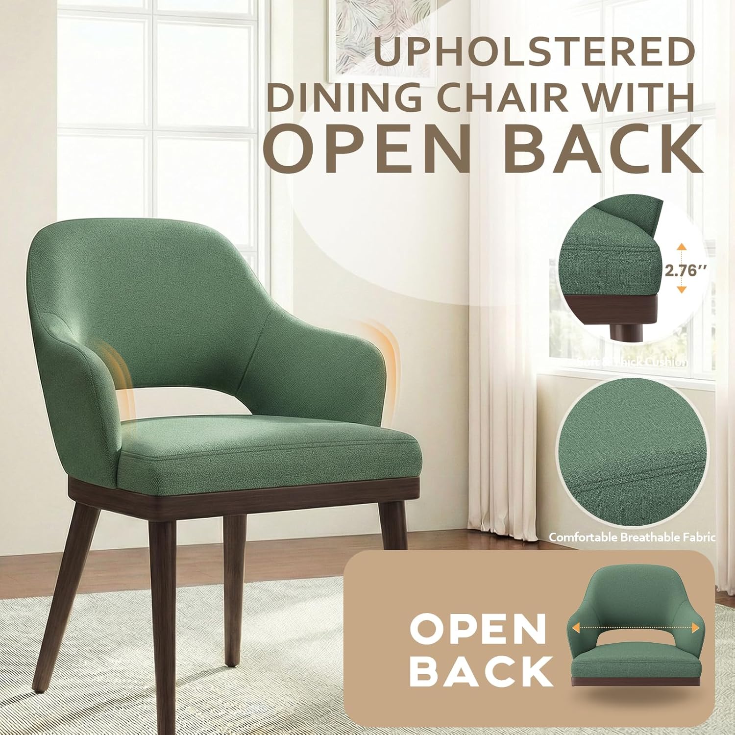 MALOL Wooden Dining Chairs Set of 2, Modern Fabric Upholstered Dining Room Chair, Kitchen Side Chairs, Farmhouse Dinner Chair with Open Back for Kitchen, Green