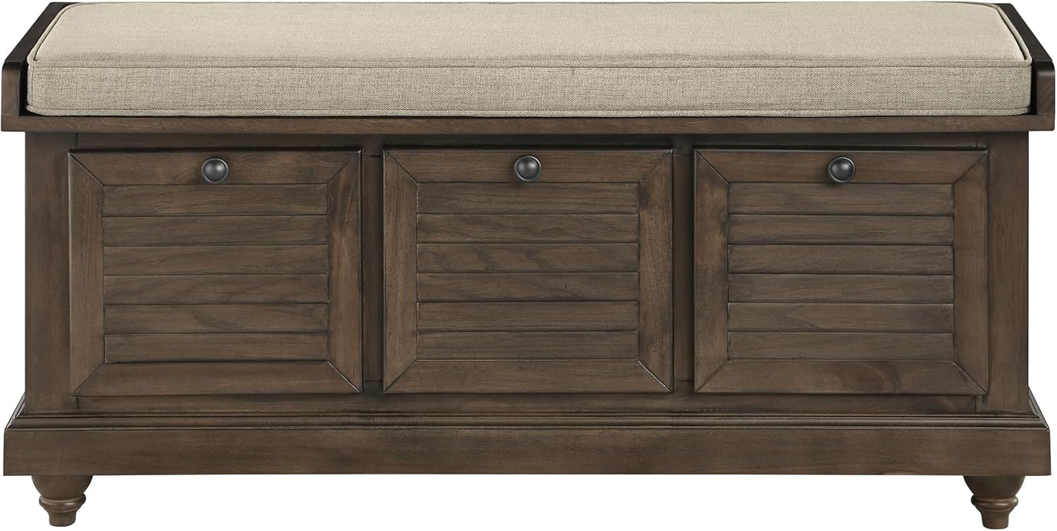 OSP Home Furnishings Dover Coastal Lift-Top Storage Bench with Shutter Face Styling, Dark Walnut Finish with Beige Fabric Cushion