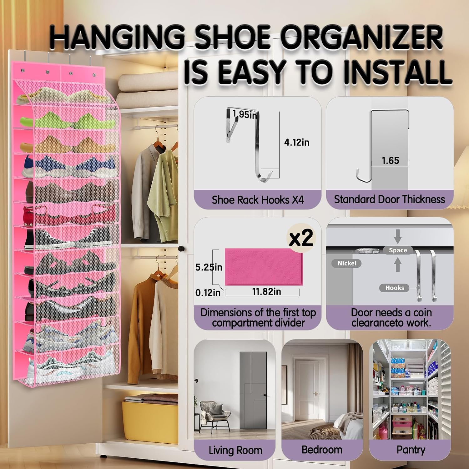 Kotkn Over The Door Shoe Organizer with 12 Large Breathable Pockets - Durable Hanging Storage for the Entire Family's Shoes (Pink)