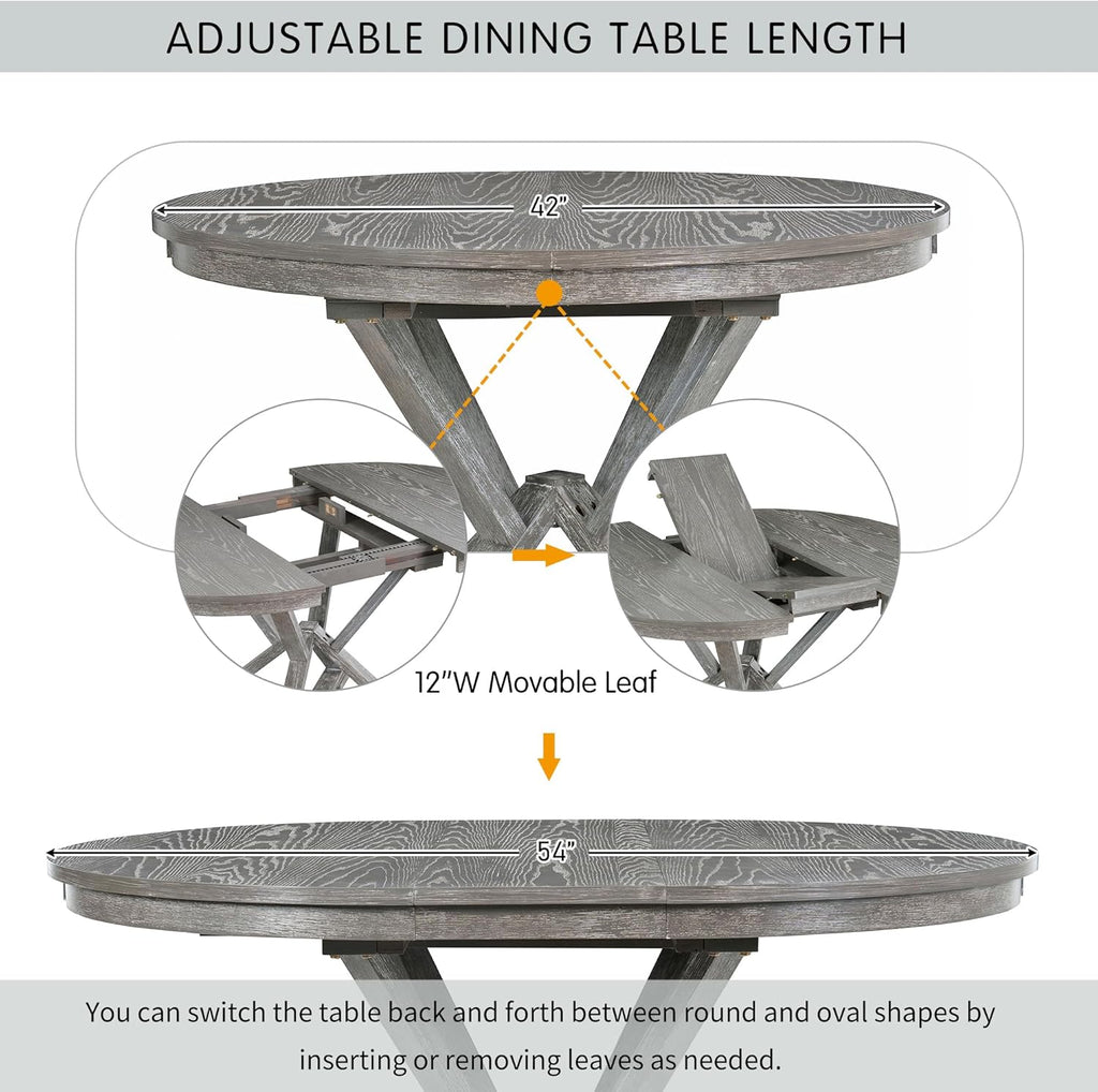 Merax Extendable Round Dining Table Set for 4, Farmhouse Kitchen Table Set with 4 Upholstered Chairs for Kitchen, Dining Room, Living Room, Grey