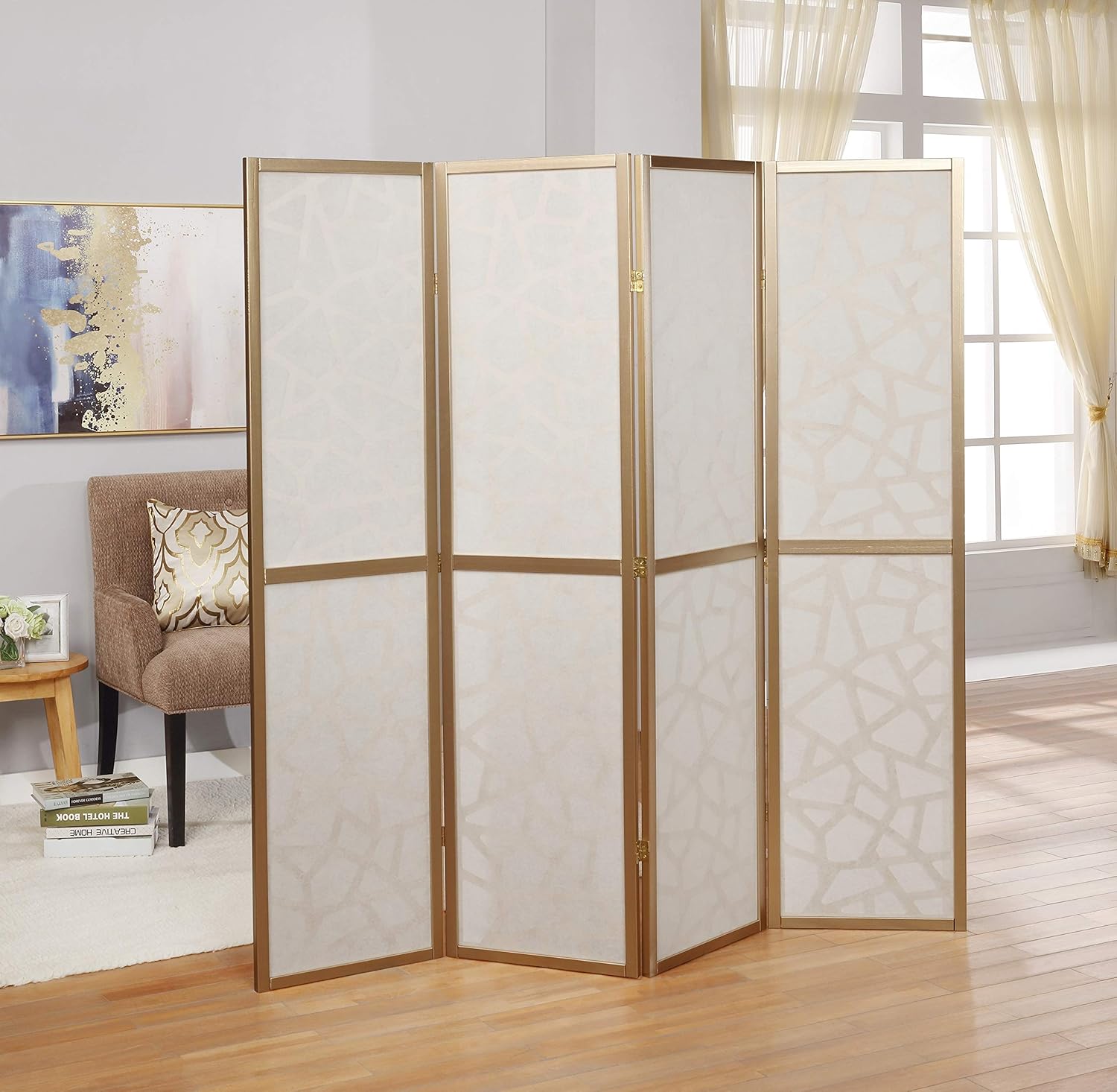 Roundhill Furniture Giyano 4 Panel Screen Room Divider, White Screen with Gold Frame