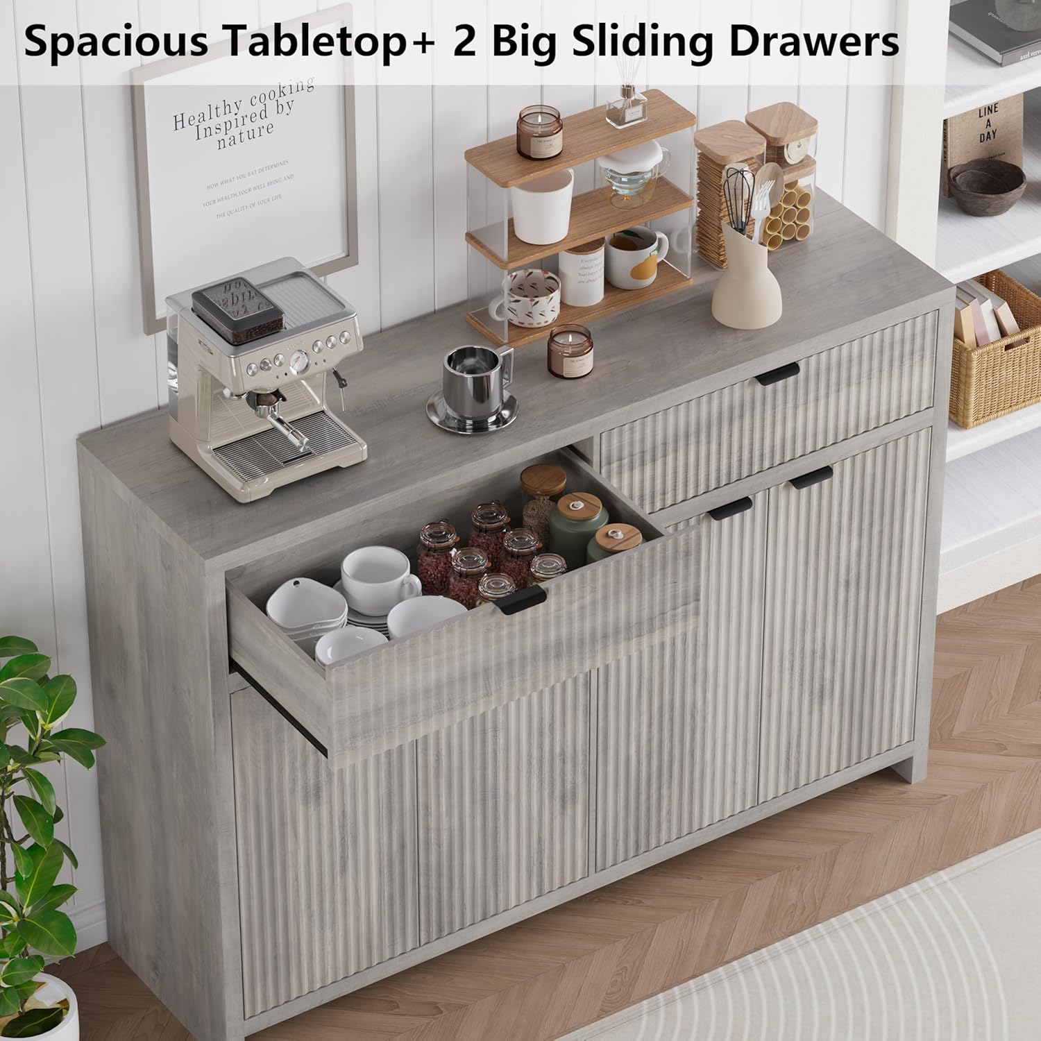 Fluted Sideboard Buffet Cabinet with Storage and Large Drawers, 55" W Credenza Storage Cabinet for Living Room or Entryway, 40'' H Farmhouse Buffet Table with Adjustable Shelves, Console Cabinet