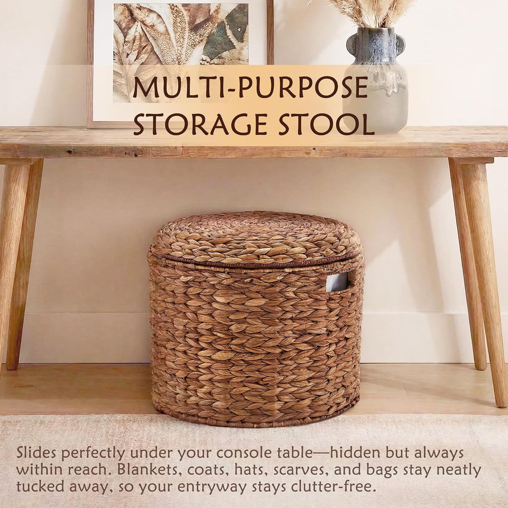 17" Round Storage Ottoman with Lid Handwoven Water Hyacinth Accent Side Table, Storage Container, Footstool for Living Room, Bedroom, Cloakroom, Home Office