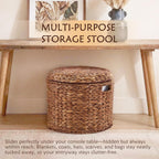 17" Round Storage Ottoman with Lid Handwoven Water Hyacinth Accent Side Table, Storage Container, Footstool for Living Room, Bedroom, Cloakroom, Home Office