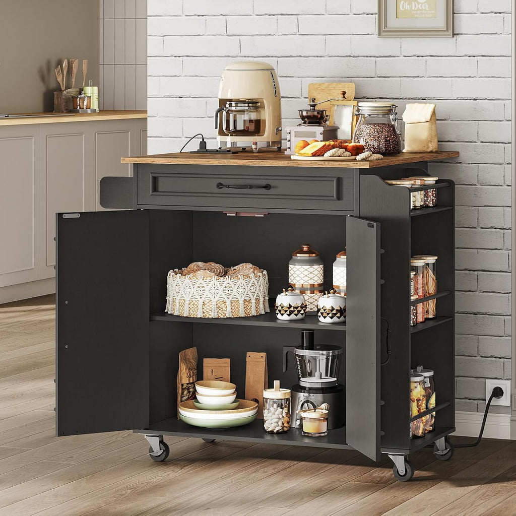 RALGEND Kitchen Island with Power Outlets & Drop Leaf, Rolling Kitchen Cart on Wheels, Kitchen Storage Island with Spice Rack and Drawer for Kitchen, Dinning Room, Black and Rustic Brown