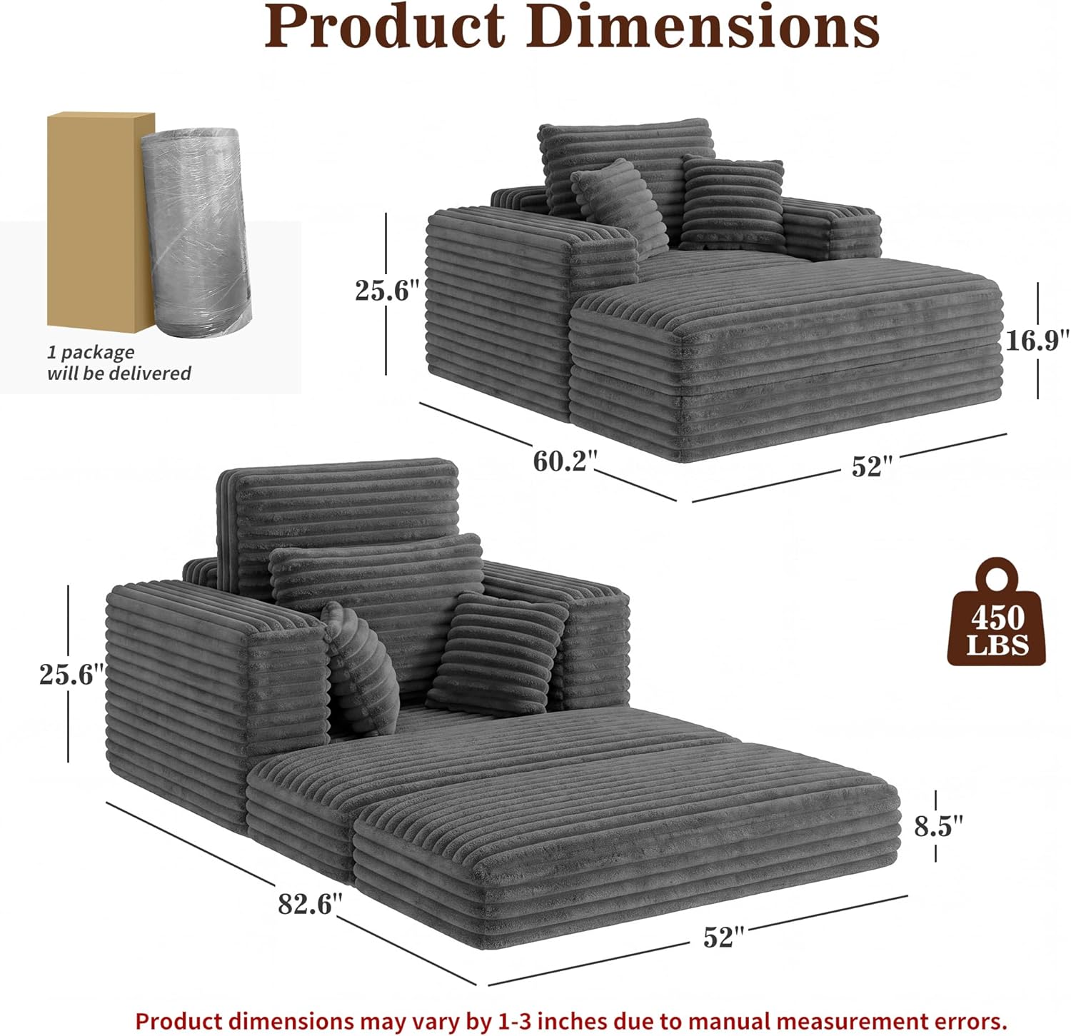 Busaurus 60'' Oversized Chaise Lounge Chair Indoor with Ottoman, Convertible Boneless Sofa Bed & Corduroy Reading Chair for Living Room & Bedroom, No Assembly Required