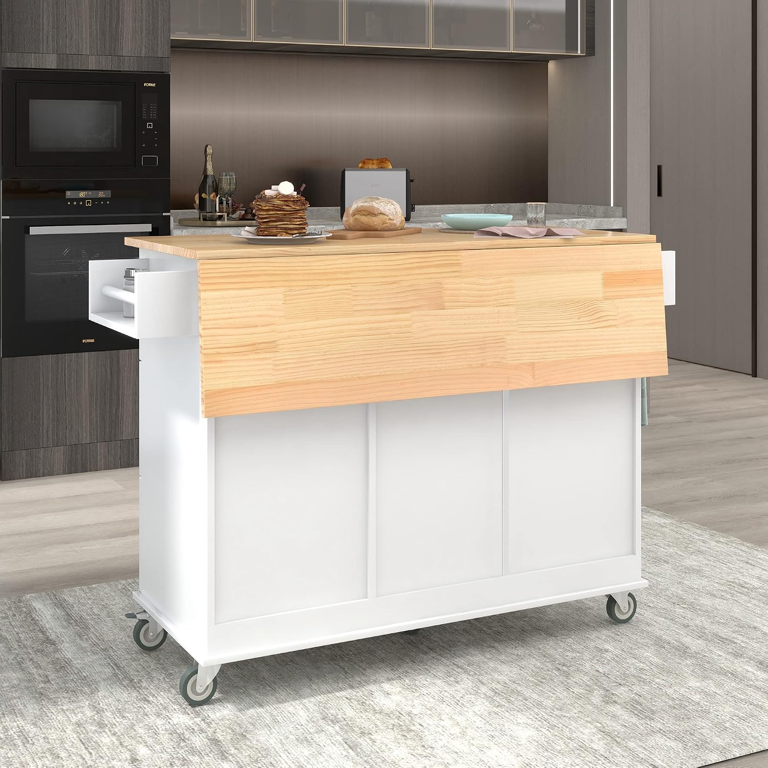 COMHOMA Mobile Kitchen Island with Solid Wood Top and Locking Wheels,Storage Cabinet and Drop Leaf Breakfast Bar,Spice Rack, Towel Rack & Drawer
