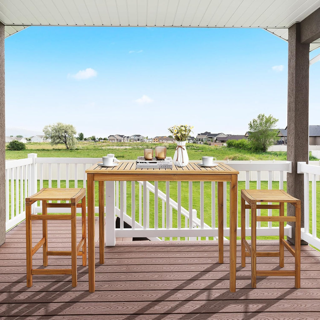 Tangkula Outdoor Acacia Wood Bar Table, 45” Rectangular Bar Height Farmhouse Rustic Dining Table with Slatted Tabletop, for Patio Porch Garden Deck, Teak Finish