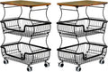 2 Pack Utility Rolling Cart 3-Tier Metal Storage Organizer Cart with Wooden Top Snack Rack Pantry Cart with Wheels for Kitchen, Bathroom, Office, Bedroom, Living Room, Black
