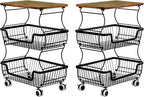 2 Pack Utility Rolling Cart 3-Tier Metal Storage Organizer Cart with Wooden Top Snack Rack Pantry Cart with Wheels for Kitchen, Bathroom, Office, Bedroom, Living Room, Black