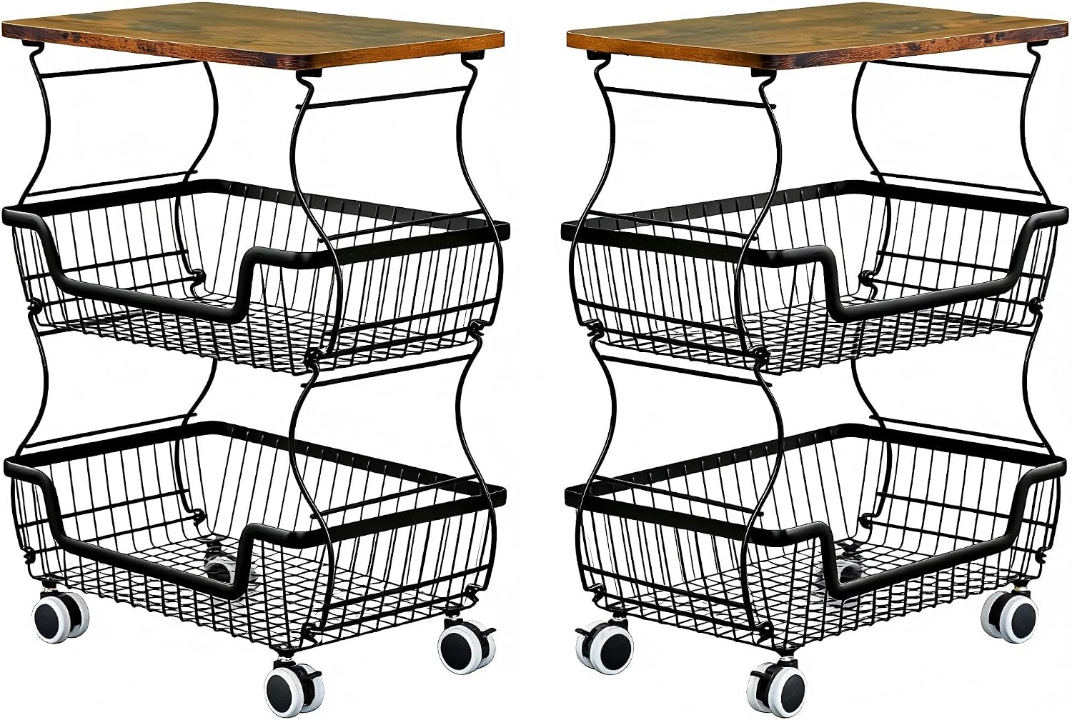 2 Pack Utility Rolling Cart 3-Tier Metal Storage Organizer Cart with Wooden Top Snack Rack Pantry Cart with Wheels for Kitchen, Bathroom, Office, Bedroom, Living Room, Black