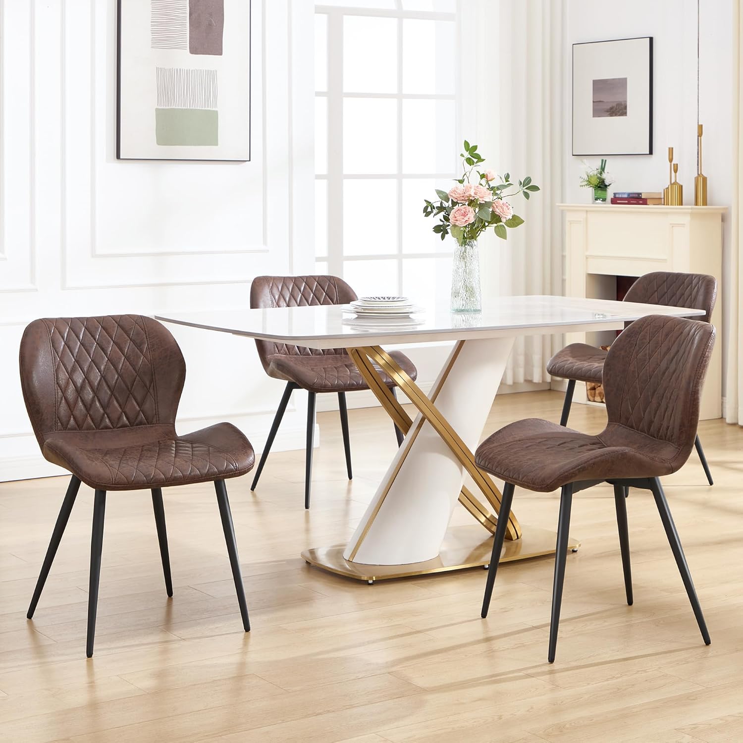 Dining Chairs Set of 4, Comfy Modern Dining Chairs with Thick Cushions, Upholstered Fabric Kitchen Side Chairs with Adjustable Metal Legs for Dining Room (Brown)