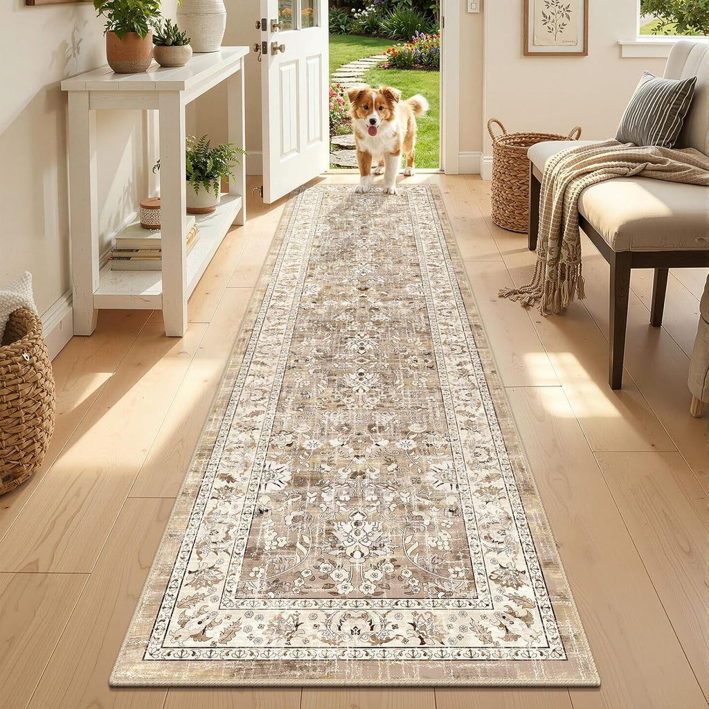 LOKHOM Washable Runner Rug, 2x8 Non-Slip Vintage Hallway Runner Rug with Rubber Backing, Boho Floral Soft Faux Wool Kitchen Rug Carpet Runner for Laundry Entryway Bedroom (Beige Brown)