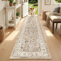 LOKHOM Washable Runner Rug, 2x8 Non-Slip Vintage Hallway Runner Rug with Rubber Backing, Boho Floral Soft Faux Wool Kitchen Rug Carpet Runner for Laundry Entryway Bedroom (Beige Brown)