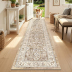 LOKHOM Washable Runner Rug, 2x8 Non-Slip Vintage Hallway Runner Rug with Rubber Backing, Boho Floral Soft Faux Wool Kitchen Rug Carpet Runner for Laundry Entryway Bedroom (Beige Brown)