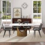 Modern Sintered Stone Dining Table for 6, White Kitchen Table with U-Shaped Gold Carbon Steel Pedestal & Marble Pattern Top, Rounded Corner Design, 63" W Curved Rectangle
