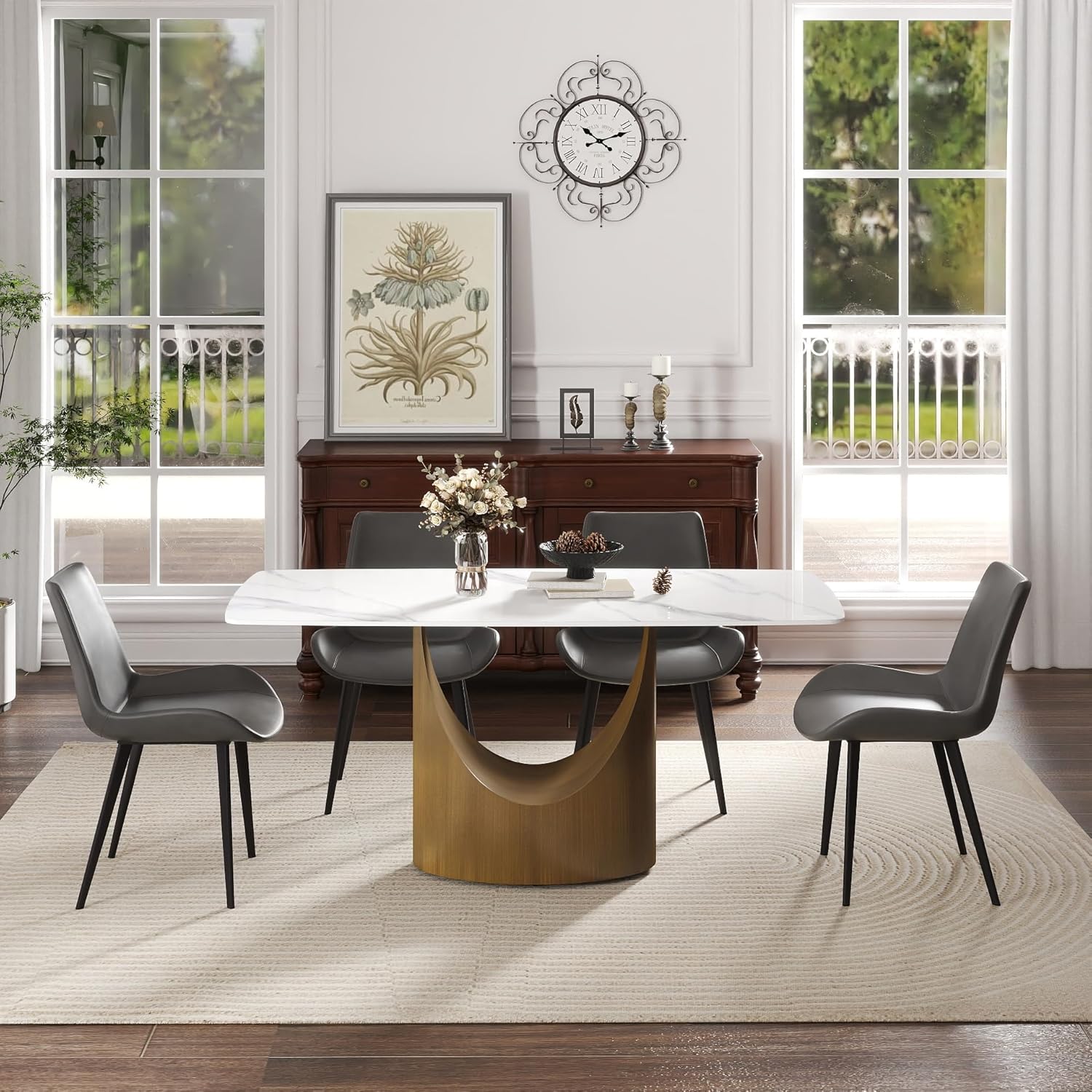 Modern Sintered Stone Dining Table for 6, White Kitchen Table with U-Shaped Gold Carbon Steel Pedestal & Marble Pattern Top, Rounded Corner Design, 63" W Curved Rectangle