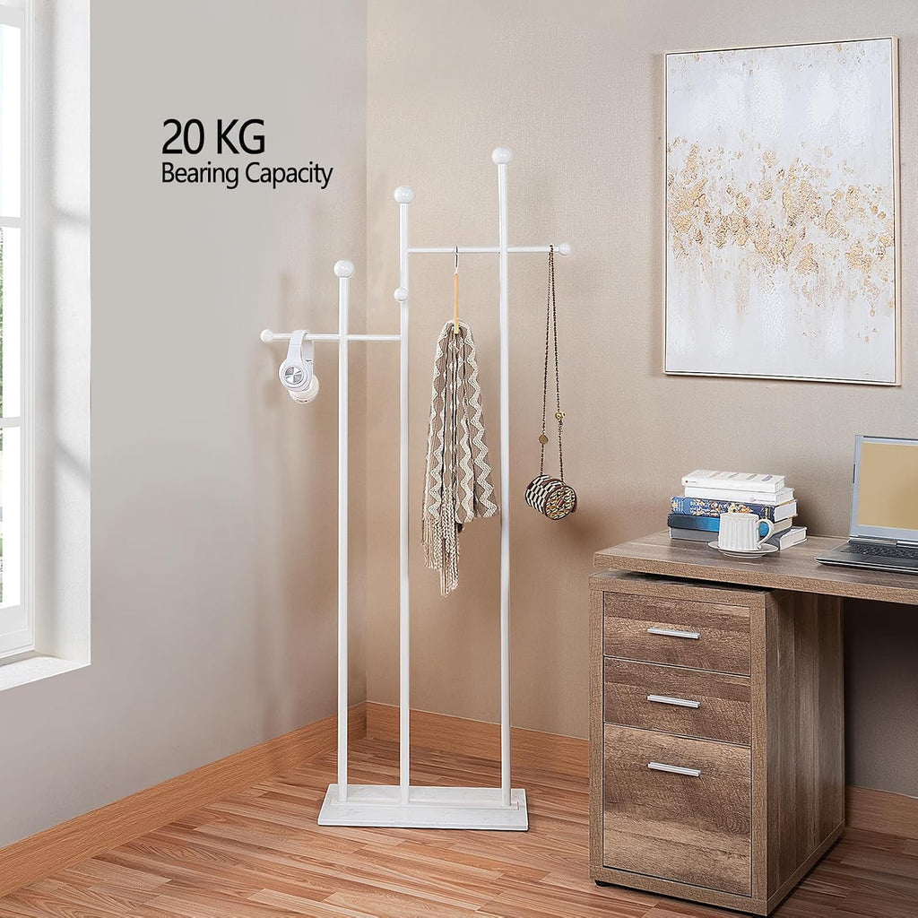 JIAYUEJU Standing Coat Rack for Bedroom 19.69 x 11.02 x 68.9 in (White) | Heavy Duty, Space Saver, Metal Frame, Marble Base, Essential Items Organizer for Clothes Bags, for Living Room Hotel Entryway