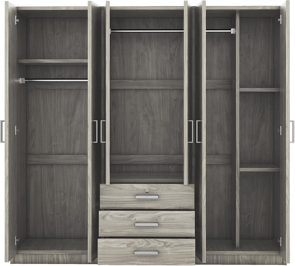 6-Door Wooden Wardrobe, Maximize Bedroom Storage with a Modern, Clean Design and Big Drawers (Gray)