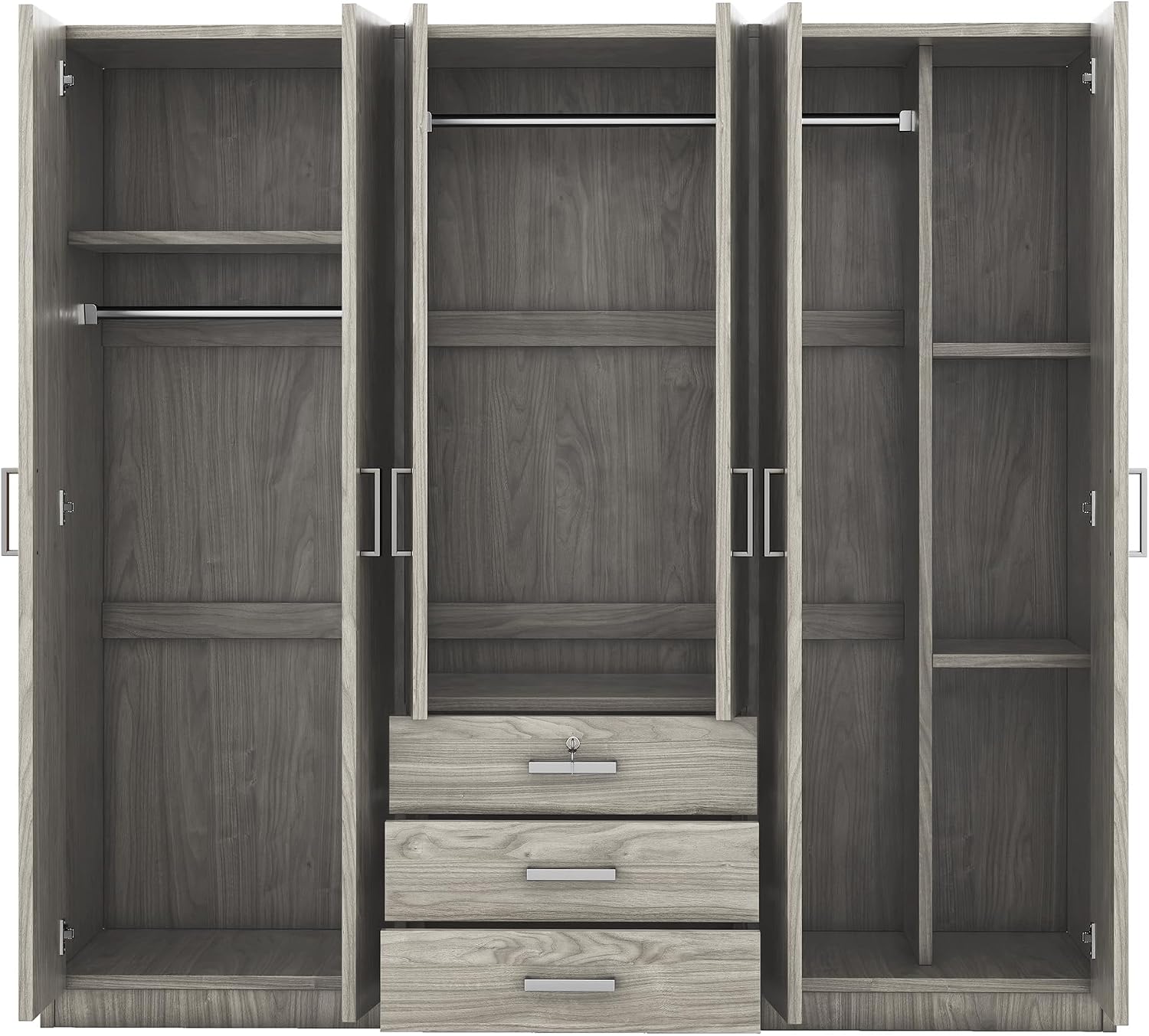 6-Door Wooden Wardrobe, Maximize Bedroom Storage with a Modern, Clean Design and Big Drawers (Gray)