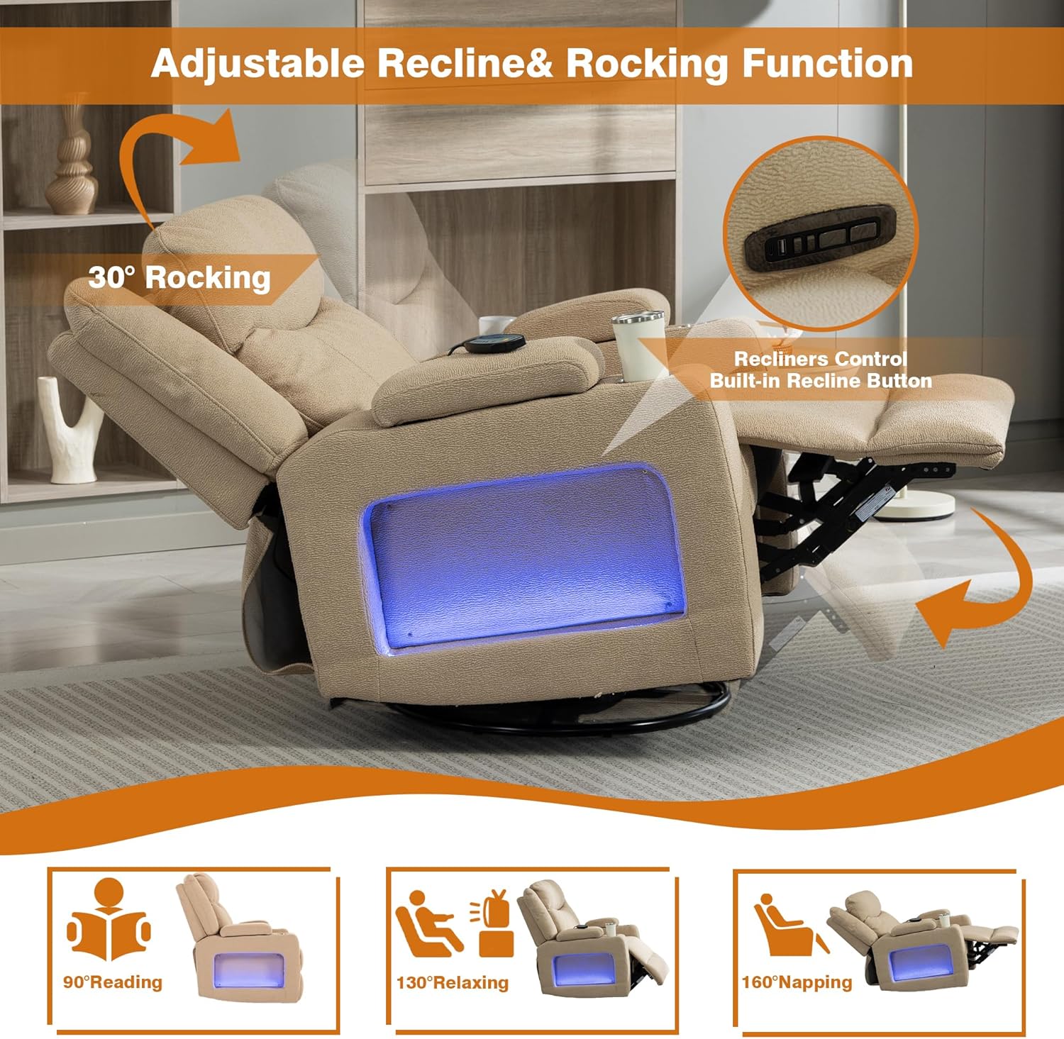 Power Swivel Rocker Recliner Chair with Heat and Massage, Adjustable Headrest, Cup Holder & Armrest Storage, Oversized Extra Wide Reclining Rocking Chairs for Nursery and Adults Dual Motors