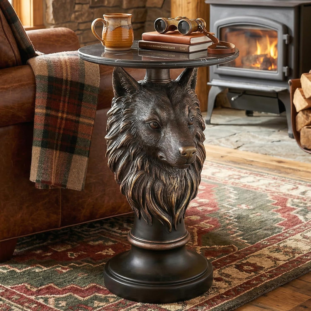 Wolf Head Side Table - 25" Tall Unique Animal Resin End Table with Marble Top, Gothic Antique Accent Furniture for Living Room & Bedroom, Majestic Wolf Statue Nightstand, Rustic Cabin Decor, Bronze
