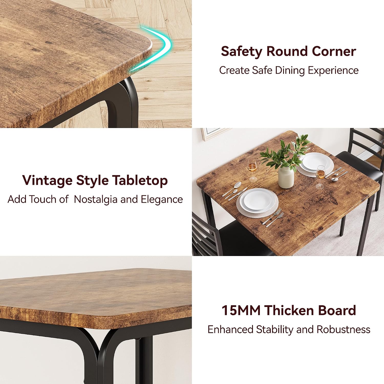 GarveeHome 3-Piece Kitchen Dining Room Table Chair Set for Small Space, Indoor Modern Dinette Set for 2, Square Dinner Table Set for Dinette (Rustic Brown‌, Dining Table with 2 Chairs)