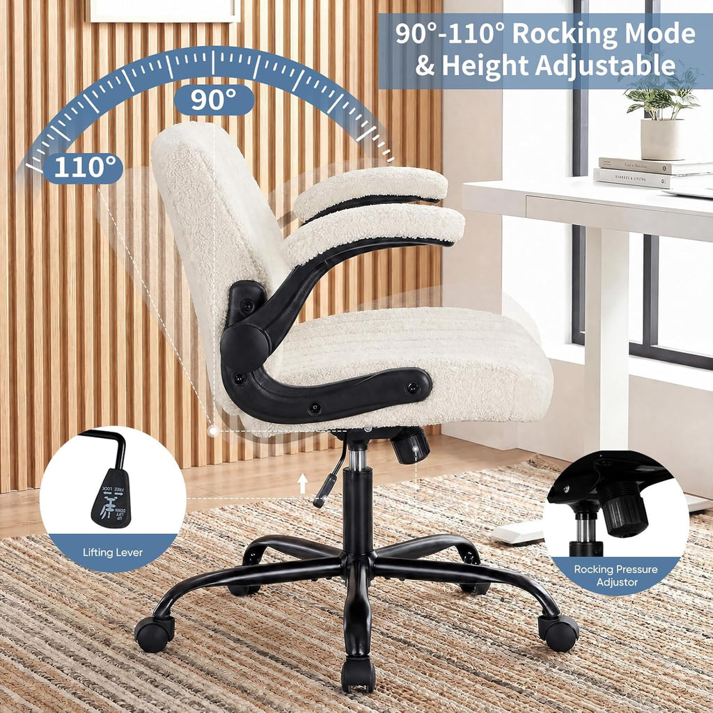 DUMOS Criss Cross Home Office Chair with Wheels, Wide Cross Legged Desk Vanity Chair Comfy Fabric Flip-Up Armrests Adjustable Swivel Chairs for Home Computer Bedroom, Creamy White