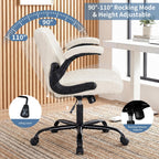 DUMOS Criss Cross Home Office Chair with Wheels, Wide Cross Legged Desk Vanity Chair Comfy Fabric Flip-Up Armrests Adjustable Swivel Chairs for Home Computer Bedroom, Creamy White