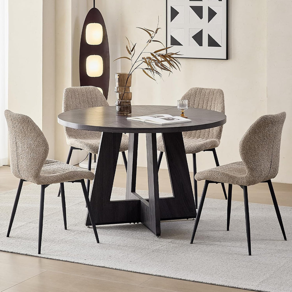 Set of 4 Boucle Dining Chairs – Modern Minimalist Upholstered Kitchen Chairs with Contoured Back and Metal Legs, Brown