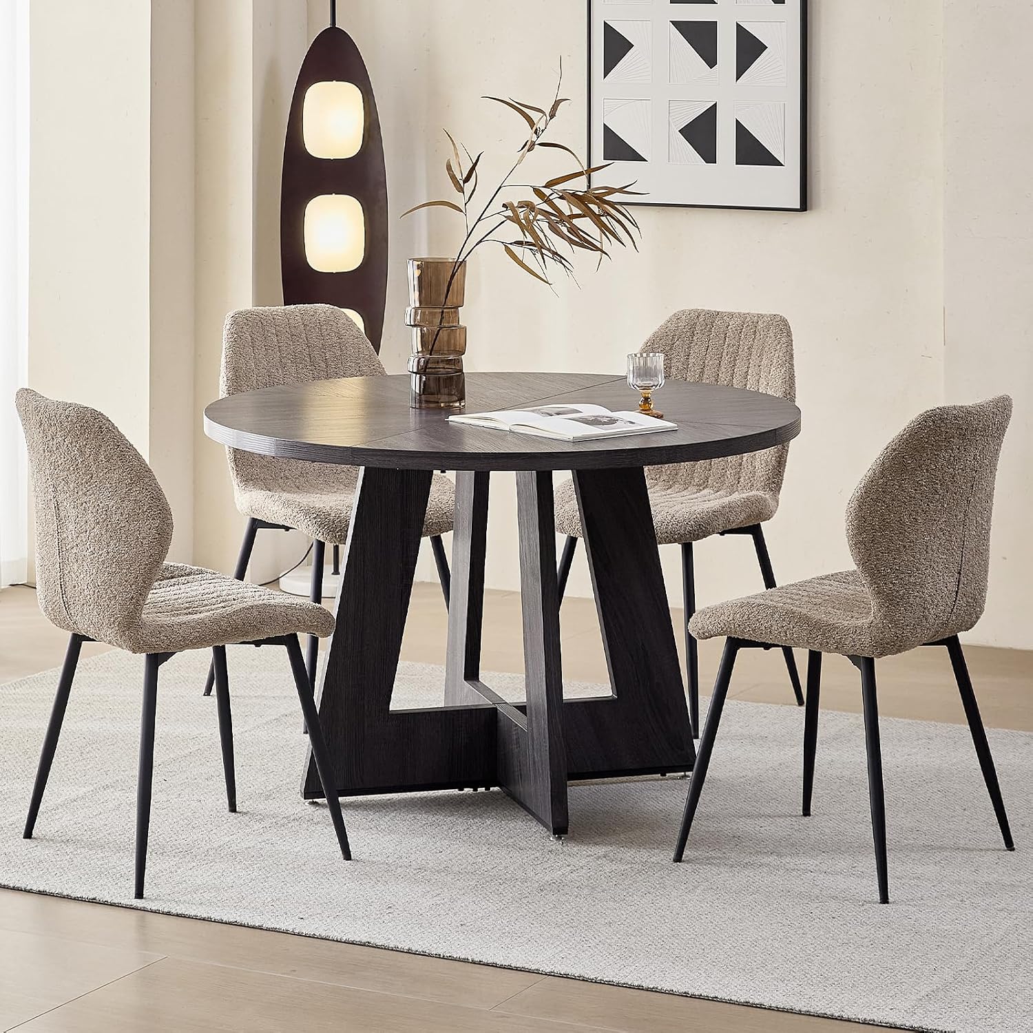 Set of 4 Boucle Dining Chairs – Modern Minimalist Upholstered Kitchen Chairs with Contoured Back and Metal Legs, Brown