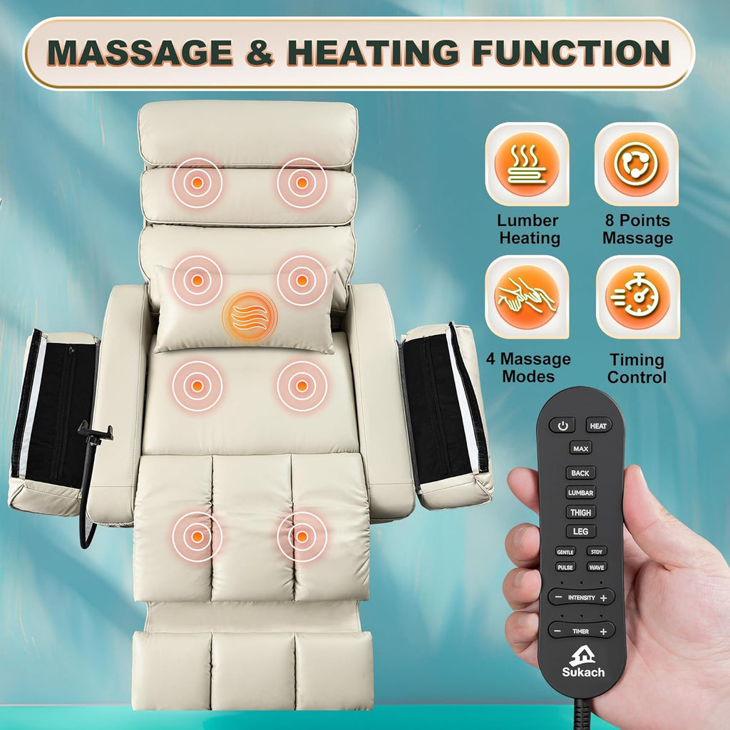 Dual Motor Recliner Chair with Heat & Massage,Faux Leather Power Lift Recliner Chair for Elderly,Cup Holder Tray,Phone Holder,Detachable Armrests,USB & Type-C Ports,Pillow(White Leather)