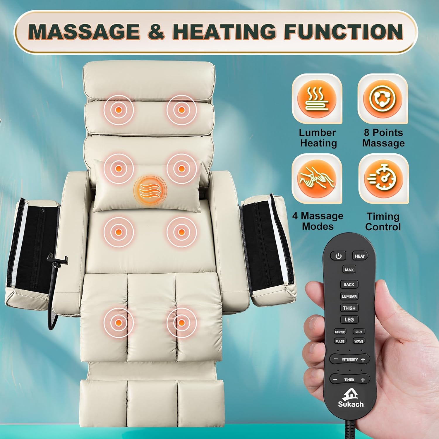 Dual Motor Recliner Chair with Heat & Massage,Faux Leather Power Lift Recliner Chair for Elderly,Cup Holder Tray,Phone Holder,Detachable Armrests,USB & Type-C Ports,Pillow(White Leather)
