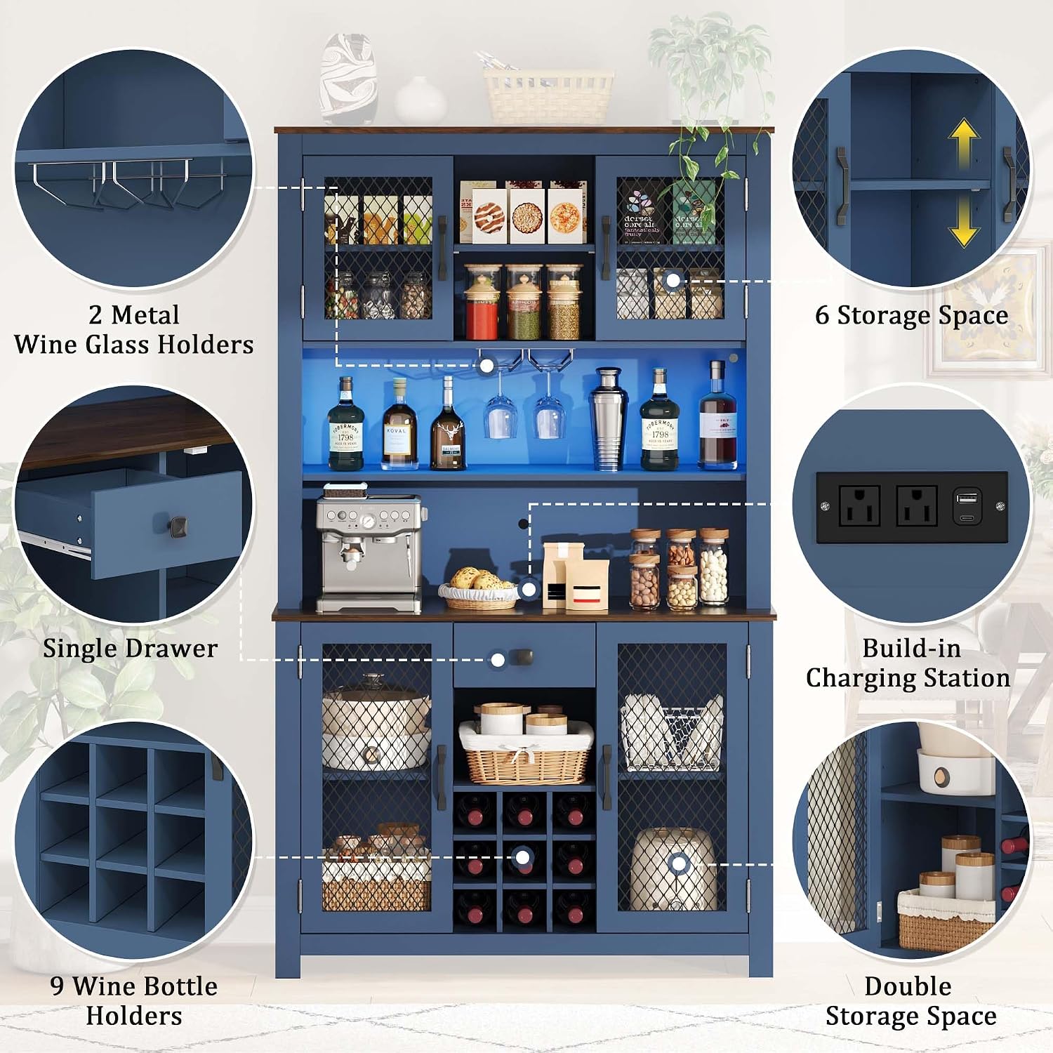 71” Kitchen Pantry with Microwave Shelf & Charging Station, LED Lighting Bar Hutch Cabinet with Storage Doors & Shelves, Glass Holders, Wine Rack, Wooden Structure (Navy Blue)